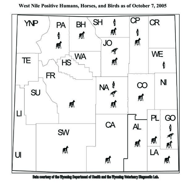 West Nile Virus Wyoming Map. Photo by Wyoming Department of Health.