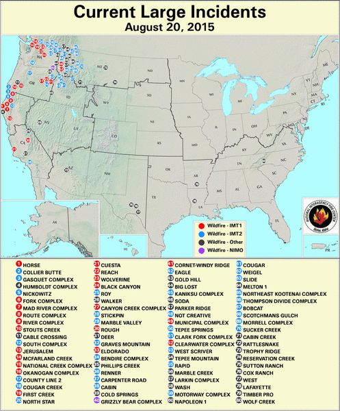 Large Fires August 20 2015. Photo by NIFC.