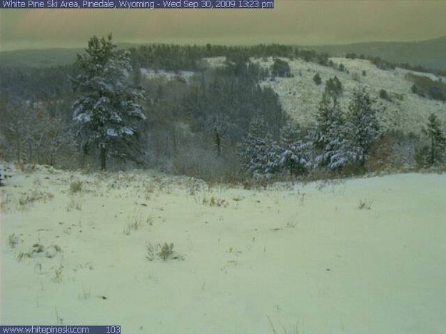 Snow in the mountains. Photo by White Pine Ski Area webcam.