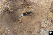 Buried tent stake. Photo by Dawn Ballou, Pinedale Online.