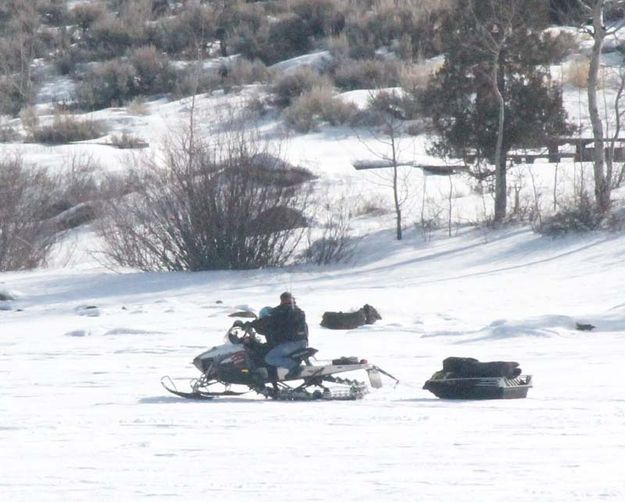 Sledding to his spot. Photo by Dawn Ballou, Pinedale Online.