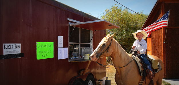 Rooster waiting for a burger. Photo by Terry Allen.